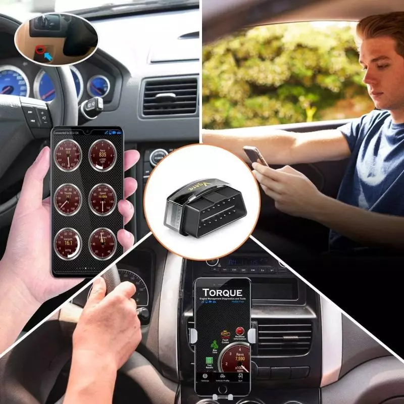 VGate iCar Pro OBD2 Scanner in Action – Monitor Your Car’s Health VGate iCar Pro OBD2 tool connected to a car with driver checking vehicle diagnostics on smartphone