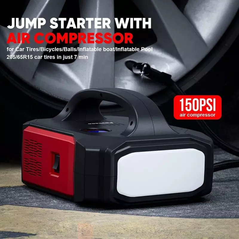 Povasee Jump Starter with Air Compressor 3500A – Inflate Your Tires in Minutes Portable jump starter and air compressor combo inflating a 205/65R15 car tire