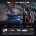 Qi04 6000A car jump starter showing compatibility with trucks,   pickups,   SUVs,   cars,   and motorbikes and detailing features like 103.6 Wh capacity