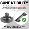MagSafe-compatible magnetic phone holder for car with 20mm ball mount,   showing compatibility with standard mounting arms and not compatible with 1" RAM B-size components