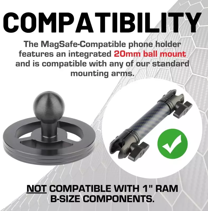 MagSafe-Compatible Magnetic Phone Holder with 20mm Ball Mount MagSafe-compatible magnetic phone holder for car with 20mm ball mount, showing compatibility with standard mounting arms and not compatible with 1
