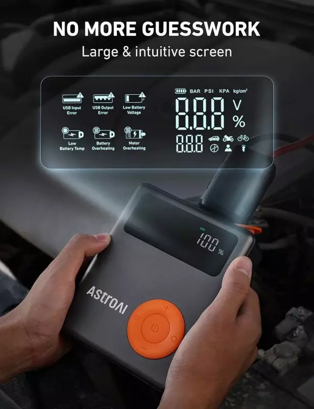AstroAI Digital Device Displaying Error Codes and Battery Status Digital screen showing various error messages and battery status on an AstroAI device, illustrating multiple modes for vehicles and sports equipment