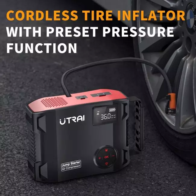 Cordless tire inflator by UTRAI showing a pressure reading of 36.0 PSI while connected to a car tire