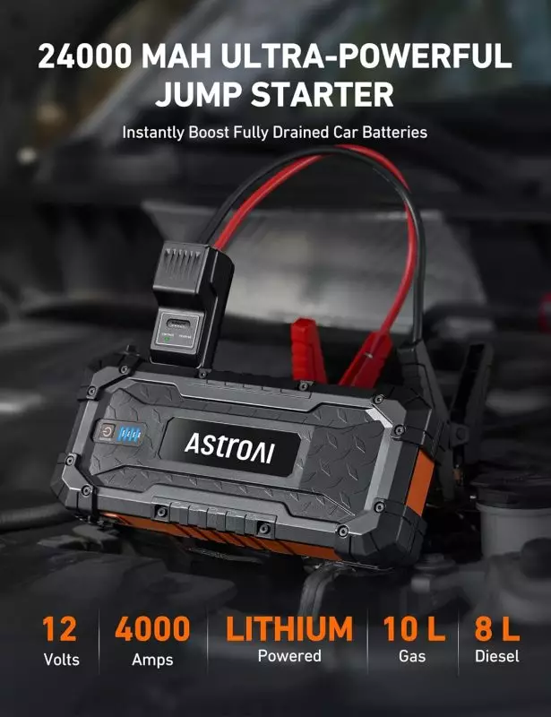 AstroAI 24,000 mAh Portable Jump Starter for Gas and Diesel Engines AstroAI portable jump starter with 24,000 mAh capacity and 4000 amps, suitable for up to 10L gas and 8L diesel engines