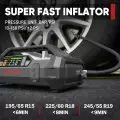 LOKITHOR Super Fast Inflator connected to a car tire,   showing PSI and BAR pressure units with specific inflation times for different tire sizes