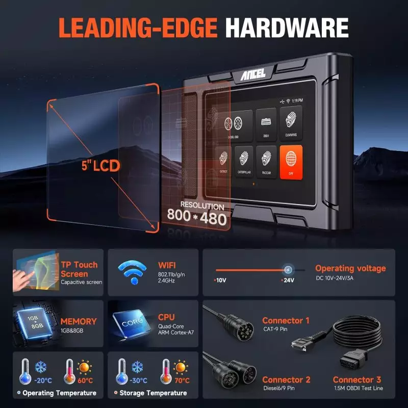Advanced Diesel Truck Scanner Specifications | Heavy Duty Truck Diagnostic Tool Features Infographic displaying key specifications of the advanced diesel truck scanner, featuring a 5