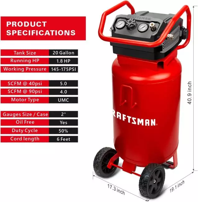 Craftsman 20 Gallon Air Compressor, Oil-Free 1.8 HP, 175 PSI, Dual Couplers - Image 3