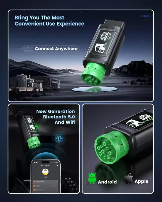 ANCEL OBD2 scanner with a green connector for heavy duty truck diagnostics, featuring Bluetooth 5.0 and WiFi, compatible with Android and Apple devices