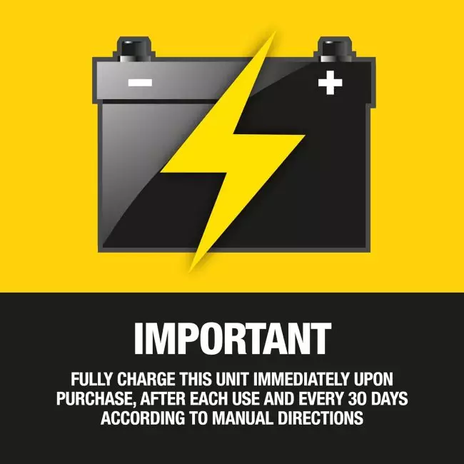 Battery charge icon with yellow lightning bolt indicating charging instructions