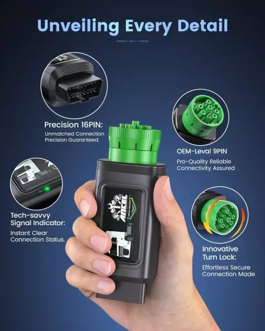 Ancel OBD2 scanner with 16PIN and 9PIN connectors featuring tech-savvy signal indicator and innovative turn lock