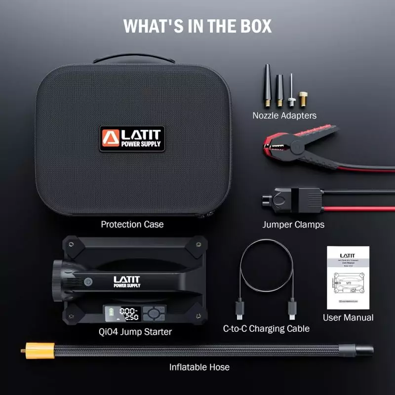 LATIT Power Supply Product Box Contents Overview Contents of LATIT Power Supply Kit including Jump Starter, Jumper Clamps, Nozzle Adapters, and more