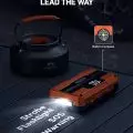 Multifunction LED flashlight displaying lighting options including Strobe, Flashlight, SOS, and Red Warning next to a black kettle