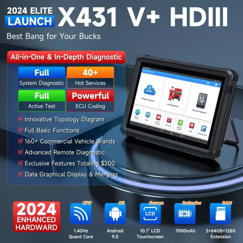 2024 Launch: X431 V+ HDIII Heavy Duty Truck Scanner | Advanced Diagnostic Tool X431 V+ HDIII Heavy Duty Truck Scanner showcasing diagnostic features for over 160 vehicle brands, Android 9 system