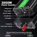 3000W power inverter featuring dual AC outlets, USB port, cooling fan, and LED display