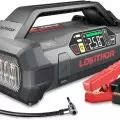 LOKITHOR portable device with digital display,   LED light,   and attachments for jump-starting cars and inflating tires