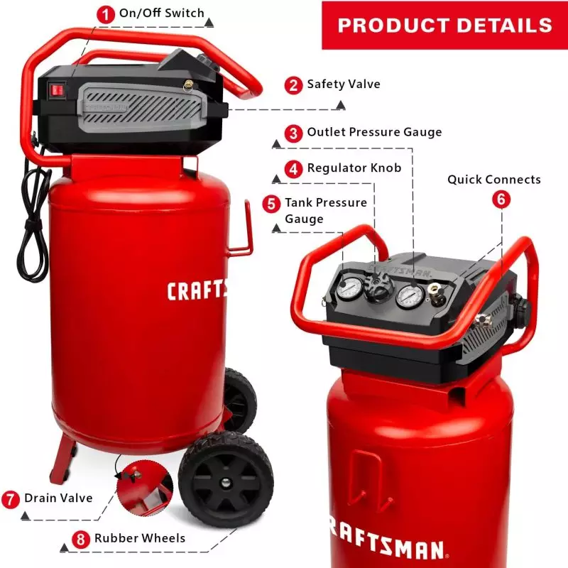 Craftsman 20-Gallon Air Compressor with Key Components Labeled Craftsman Air Compressor 20 Gallon featuring On/Off Switch, Safety Valve, Outlet and Tank Pressure Gauges, Regulator Knob, Quick Connects, Drain Valve, and Rubber Wheels