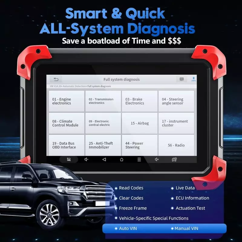 Comprehensive Vehicle Diagnostic Tool for All-System Analysis Advanced diagnostic tool screen displaying various car component diagnostics