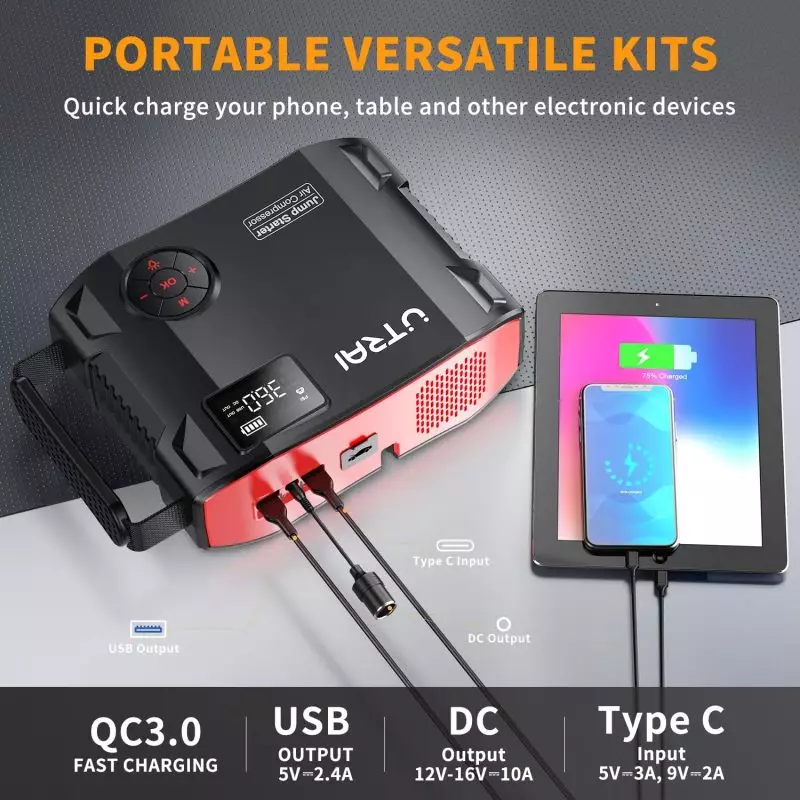 Versatile Quick Charge Kit for Electronic Devices with QC3.0 and Multi-Output Ports Portable jump starter charging a tablet and smartphone, featuring USB and DC outputs, Type C input, and battery level display