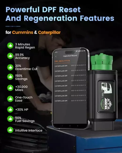 Mechanic using Ancel OBD2 scanner, heavy duty truck scanner for DPF reset and regeneration on a Cummins engine