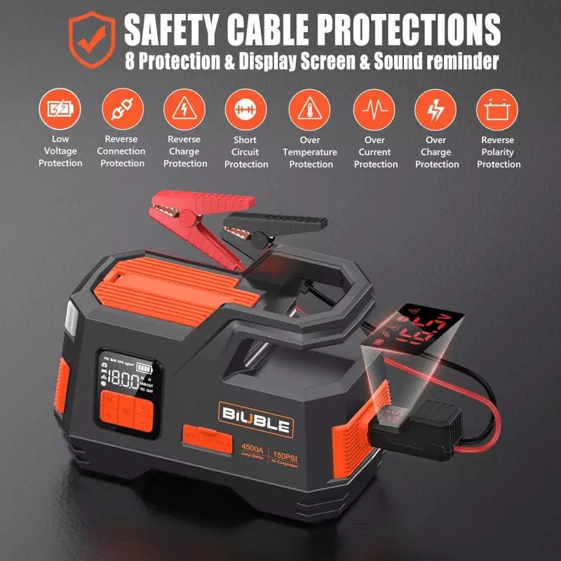 Biuble Car Jump Starter with Tire Inflator – Multifunction Portable Power Kit Biuble Car Jump Starter with advanced safety features, digital display, and audio alerts for vehicle emergency use