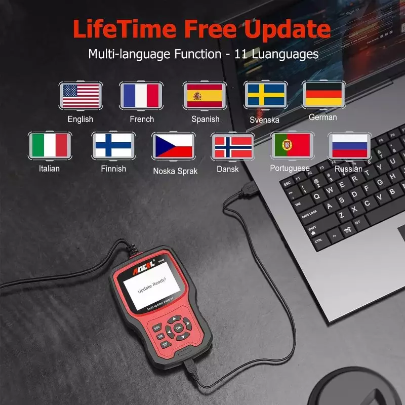 Multilingual Car Diagnostic Tool Ready for Software Update Car diagnostic tool connected to a laptop showing 'Update Ready!' screen, supports 11 languages