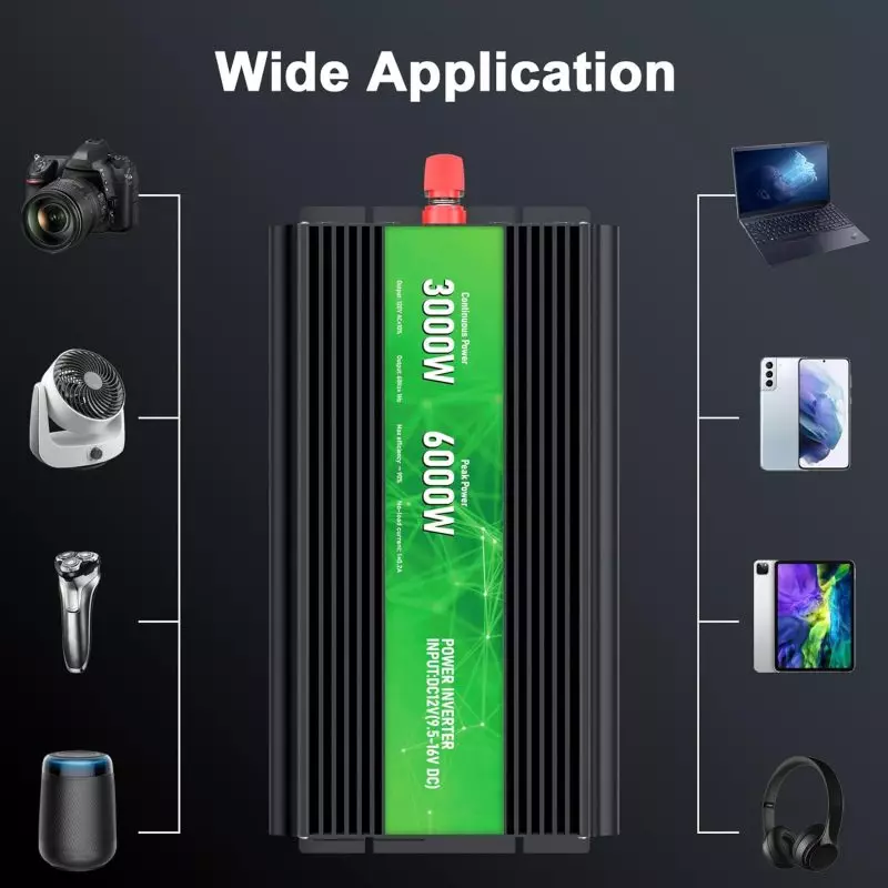 High-Capacity 3000W Power Inverter for Electronics 3000W/6000W Power Inverter surrounded by devices including laptop, smartphone, and camera