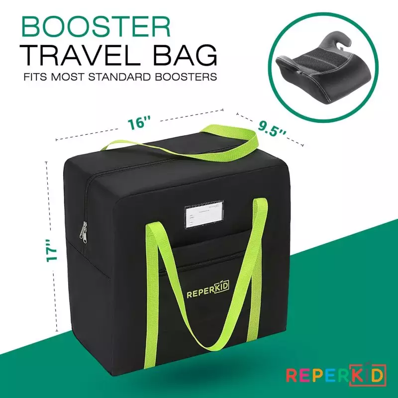 REPERKID Car Booster Seat Travel Bag – Convenient & Durable Storage Solution Black and lime green REPERKID booster travel bag, sized 17x16x9.5 inches, suitable for most standard booster seats