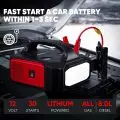 Compact Povasee jump starter connected to a car battery under an open hood, showcasing rapid 1-3 second starting capability