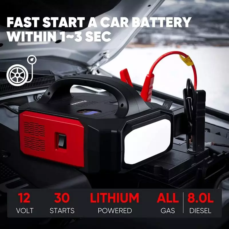 Jump Starter 3500A – Quick Car Battery Boost Compact Povasee jump starter connected to a car battery under an open hood, showcasing rapid 1-3 second starting capability