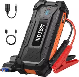 AstroAI jump starter with cables and adapters for vehicle battery boosting