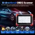 Advertisement showing a bi-directional OBD2 scanner with options like Fuel Pumps,   Valves,   and Wipers Test,   alongside a modern car