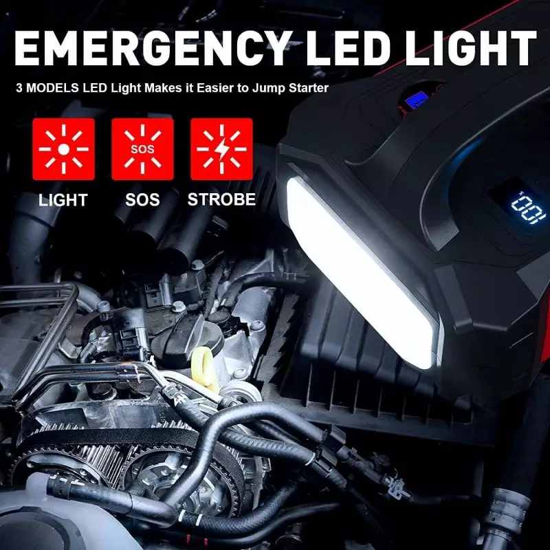 Jump Starter with Bright LED Light – Multifunctional Emergency Tool for Cars Povasee portable jump starter showcasing LED light feature with regular, SOS, and strobe modes under a car hood