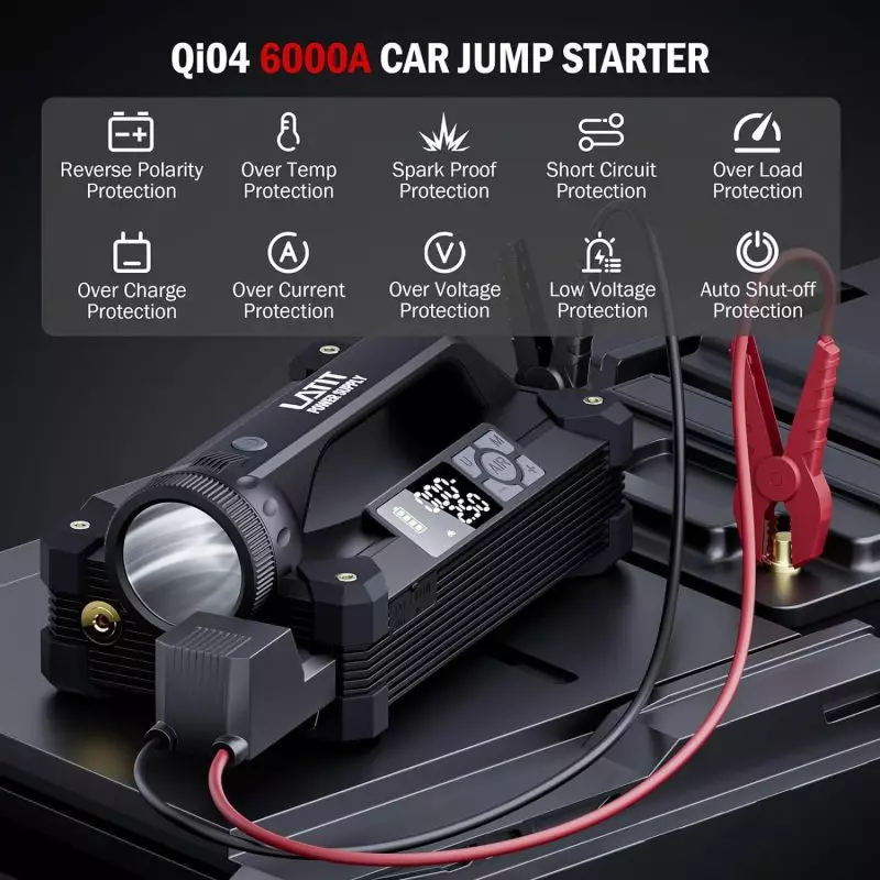 Qi04 6000A Car Jump Starter with Advanced Safety Features Qi04 6000A car jump starter displaying clamps, a flashlight, and a digital display, highlighting multiple safety protections