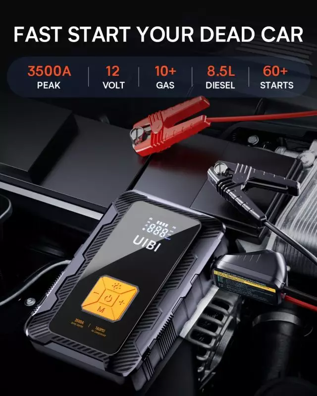UIBI 3500A Portable Car Jump Starter for Large Engines Powerful UIBI portable jump starter with digital display connected to a car battery