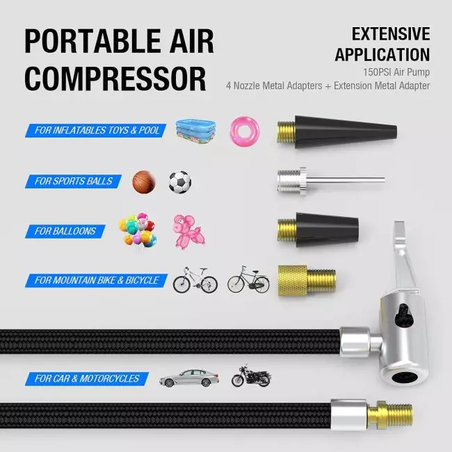 Portable Air Compressor 150PSI with Nozzle Adapters for Inflatables, Balls, Bikes, Cars and Motorcycles - JF EGWO 3000 Jump Starter Compatible