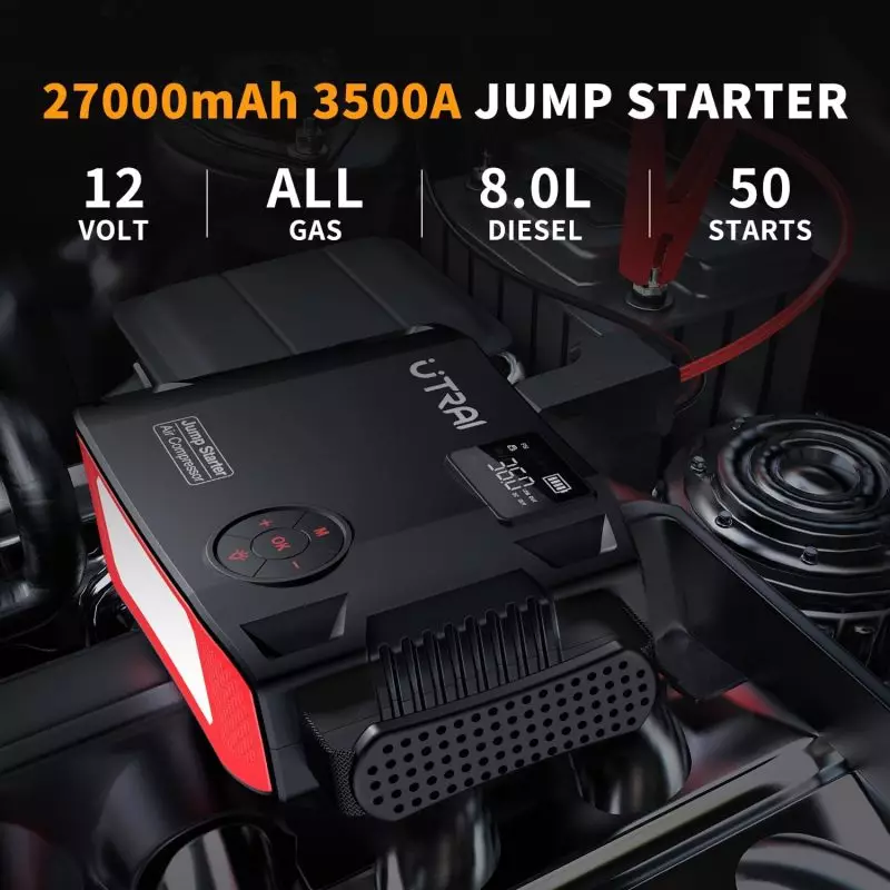UTRAI 3500A 27000mAh Portable Jump Starter for Car Engines UTRAI vehicle jump starter connecting to a car battery, showing 3500A peak current and 27000mAh capacity
