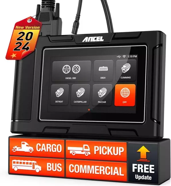 ANCEL diagnostic tool displaying options for Diesel OBD, OBDII, and other commercial vehicle systems, labeled as New Version 2024