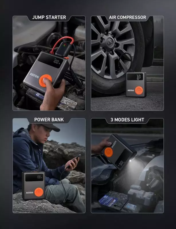 AstroAI Multifunctional Portable Device for Car Emergency AstroAI multifunctional device used as jump starter, air compressor, power bank, and emergency light