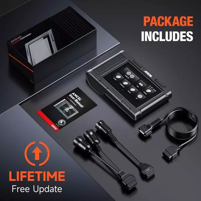 Complete ANCEL diagnostic toolkit displayed with user manual, electronic device, and cables for diesel and heavy duty trucks