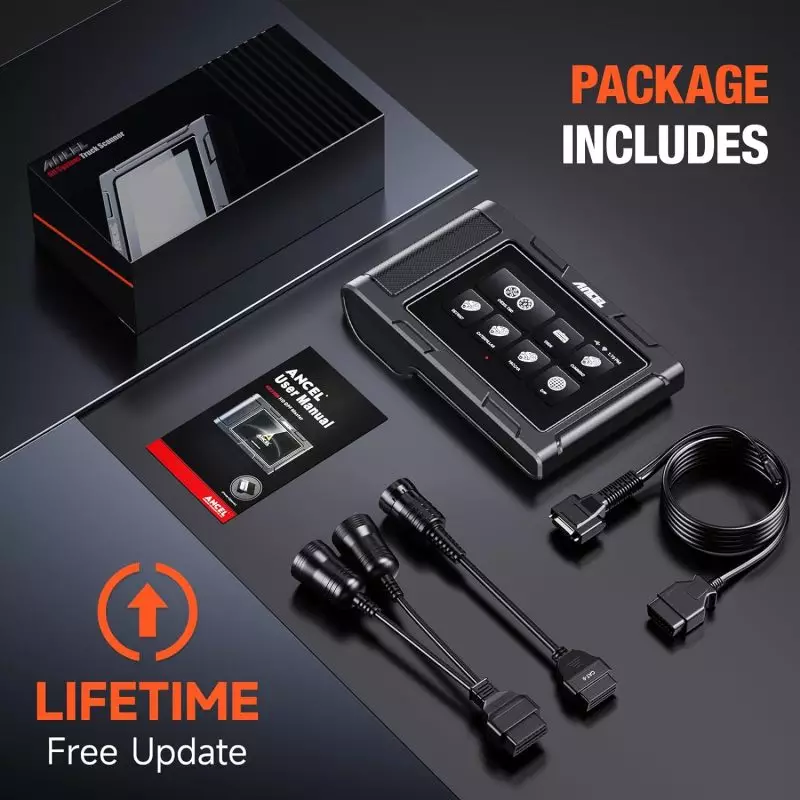 ANCEL Heavy Duty Truck Scanner Kit – Diagnostic Tool for Diesel Trucks Complete ANCEL diagnostic toolkit displayed with user manual, electronic device, and cables for diesel and heavy duty trucks