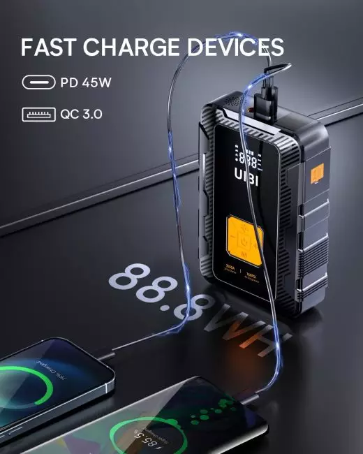 UBP1 Portable Power Station with LCD Display showing 88.9Wh, charging a smartphone and another device using PD 45W and QC 3.0 features