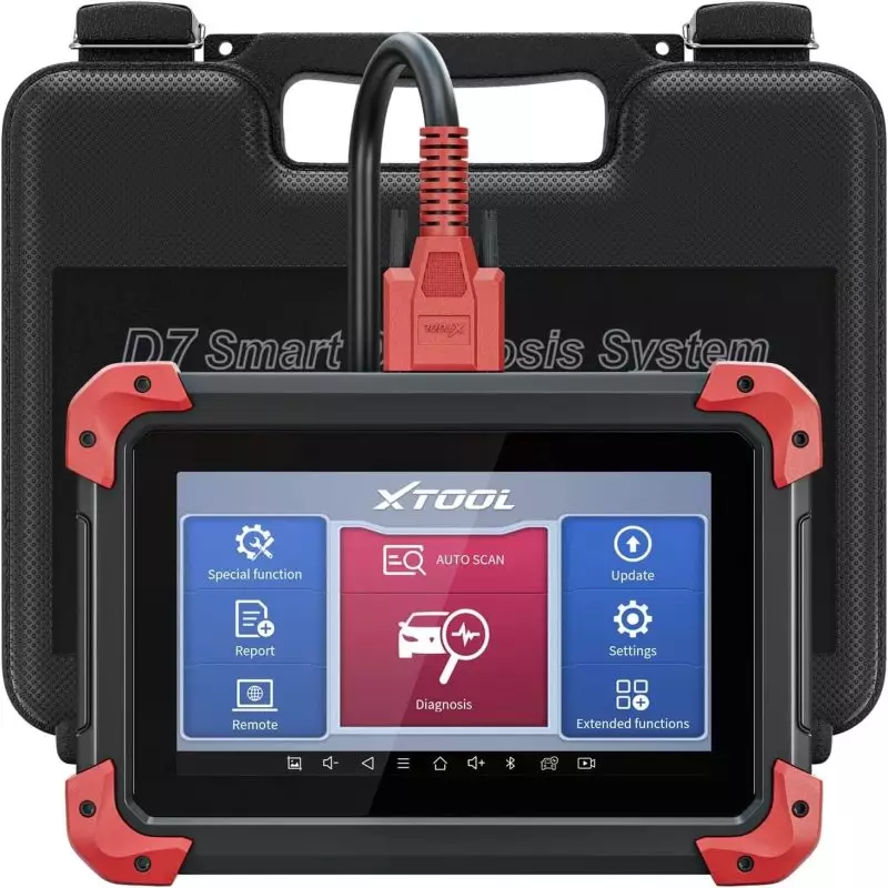 XTOOL D7 Diagnostic Device for Automotive System Troubleshooting XTOOL D7 connected via red cable displaying diagnostic options on screen