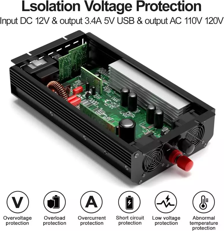 High-Efficiency 12V Voltage Inverter for RVs with Advanced Protection Features Electronic device showcasing Isolation Voltage Protection with Overvoltage, Overload, Overcurrent, Short Circuit, Low Voltage, and Abnormal Temperature Protection features