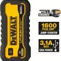 DeWalt lithium jump starter 1600A peak for V8 engines and dual USB ports