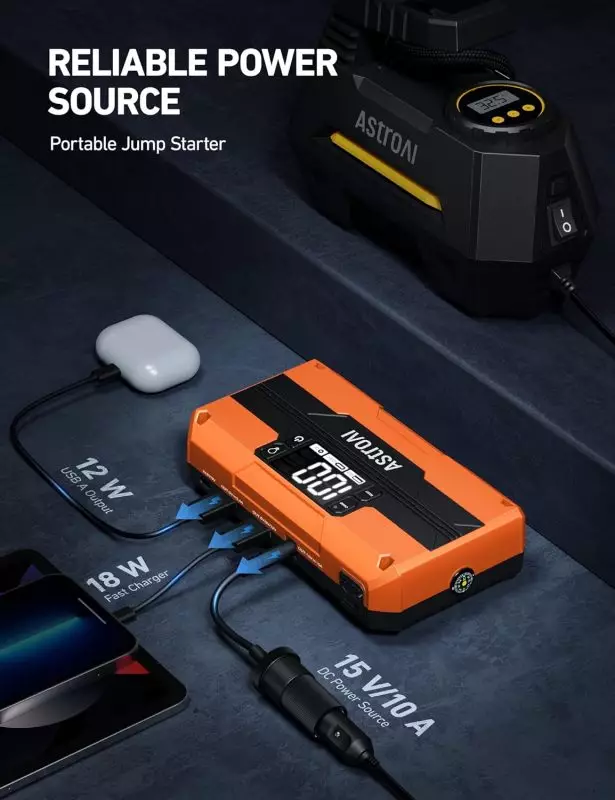 AstroAI Portable Jump Starter | Multi-Device Charging Power Station AstroAI portable jump starter connected to multiple devices, displaying various output settings on its LCD screen