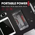 Durable portable power bank shown with icons indicating multiple device charge capabilities,   including smartphones,   tablets,   earbuds,   cameras,   and smartwatches