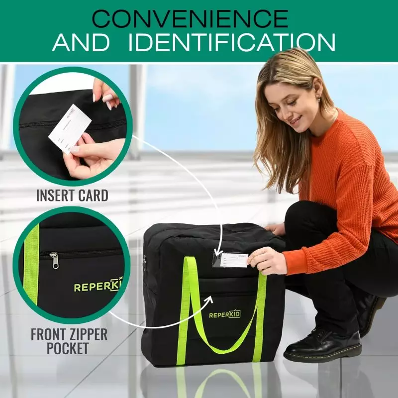 Reperkid Car Booster Seat Travel Bag with Easy Card Access Person using the card slot of a Reperkid booster car seat travel bag with green handles