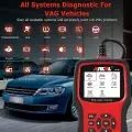 ANCEL VD700 scanner displayed with various system diagnostic icons and a background image of a car,   suitable for diagnosing VAG group vehicles.
