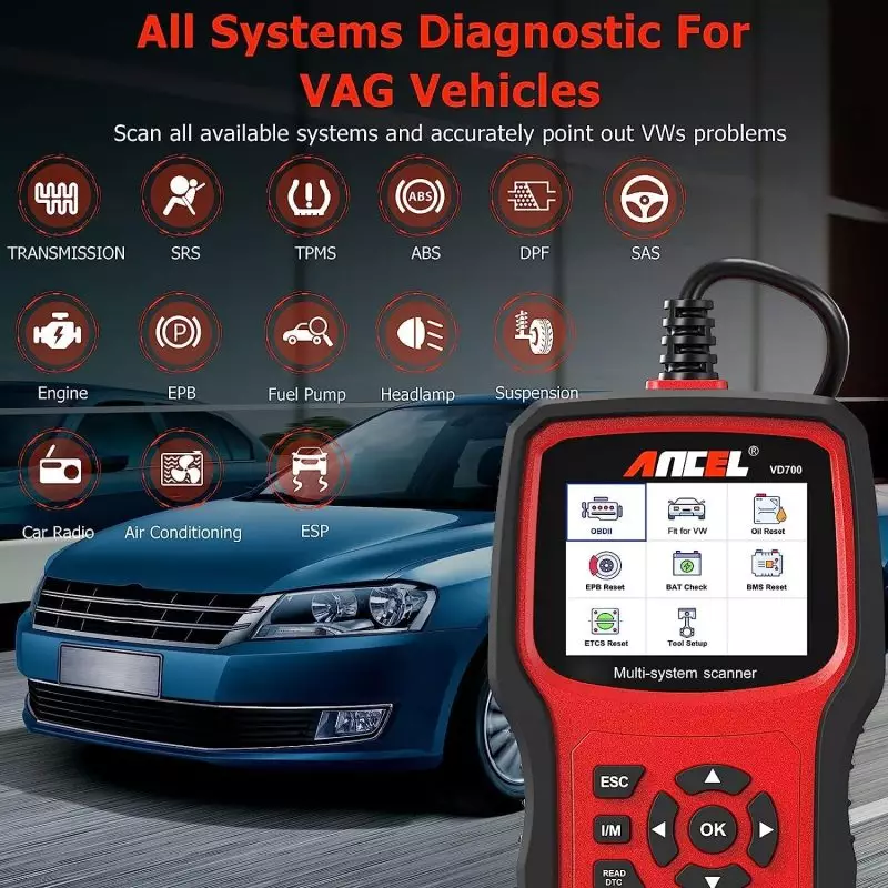 ANCEL VD700 Diagnostic Scanner for VAG Vehicles ANCEL VD700 scanner displayed with various system diagnostic icons and a background image of a car, suitable for diagnosing VAG group vehicles.