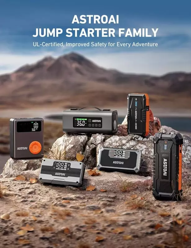 AstroAI Jump Starter Family: Reliable Power Solutions for Outdoor Adventures AstroAI portable jump starters displayed in a rugged mountainous setting, showcasing UL-certified emergency power devices